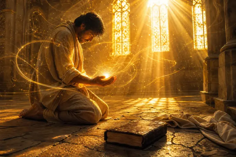 Person kneeling in prayer holding glowing orb in cathedral golden hour light with shimmering particles and spiraling beams of gold