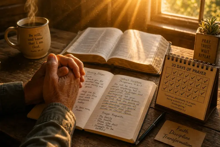 Weathered hands clasped in prayer over a devotional journal on a wooden table with Bible, tea, and a 30-day prayer calendar in warm golden light