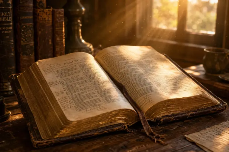 Weathered Bible open on rustic wood table, gilded pages glowing in warm golden sunlight with floating dust motes and handwritten notes