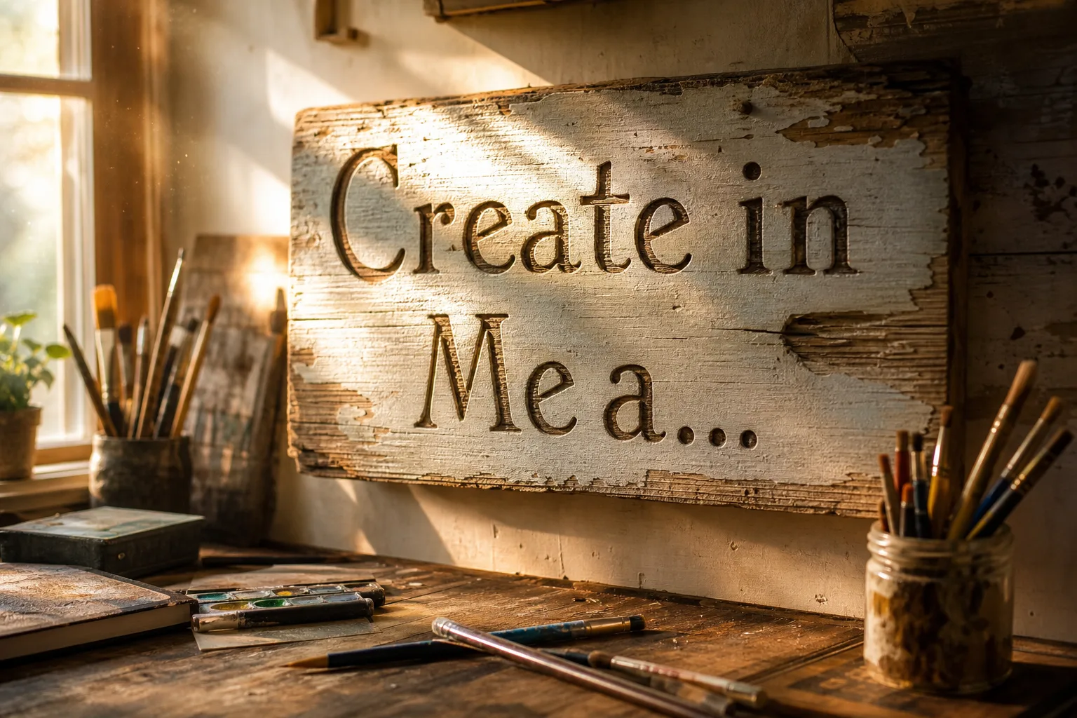 Weathered wooden sign reading Create in Me a in hand-carved letters on sunlit studio wall with paintbrushes and golden light