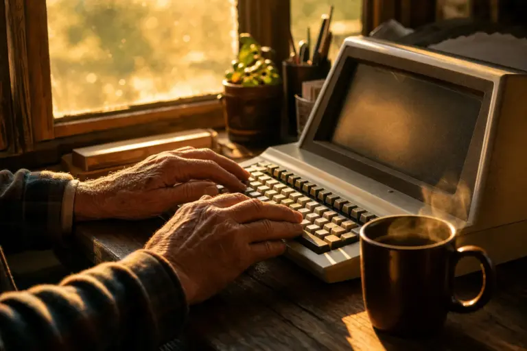 Weathered hands typing on vintage keyboard in warm golden hour sunlight, steaming coffee nearby, dust motes floating in amber glow