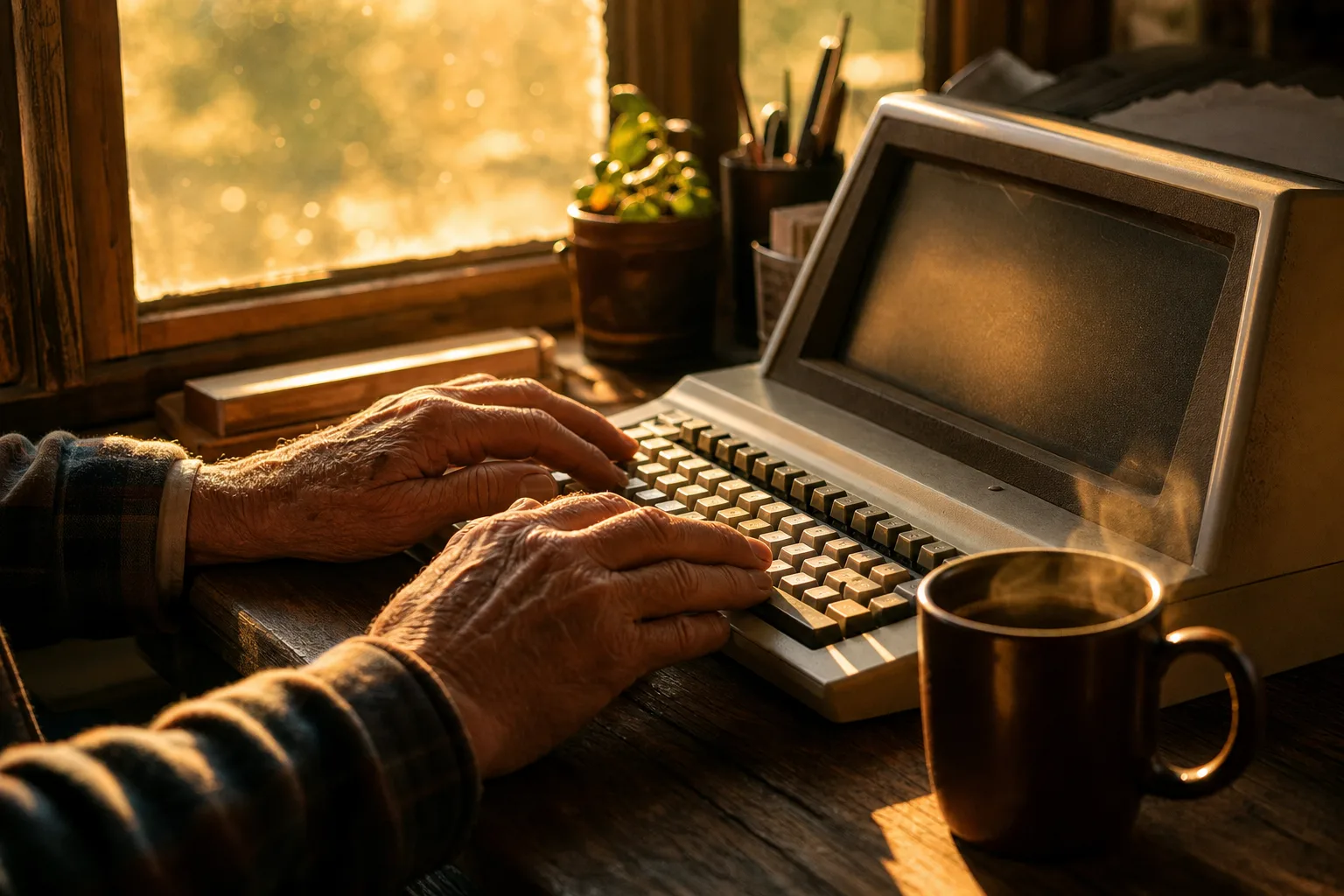 Weathered hands typing on vintage keyboard in warm golden hour sunlight, steaming coffee nearby, dust motes floating in amber glow