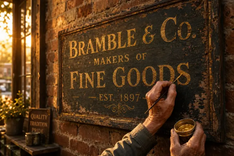 Elderly hands carefully restoring faded text on a weathered wooden sign with golden paint in warm late afternoon sunlight