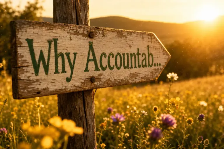 Weathered wooden sign on rustic post with hand-painted green text in golden hour sunlight over sun-drenched meadow with bokeh wildflowers