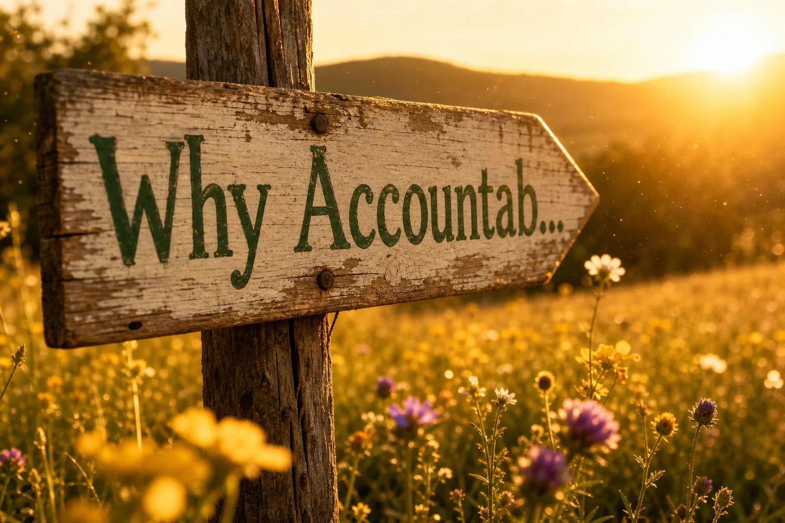 Weathered wooden sign on rustic post with hand-painted green text in golden hour sunlight over sun-drenched meadow with bokeh wildflowers