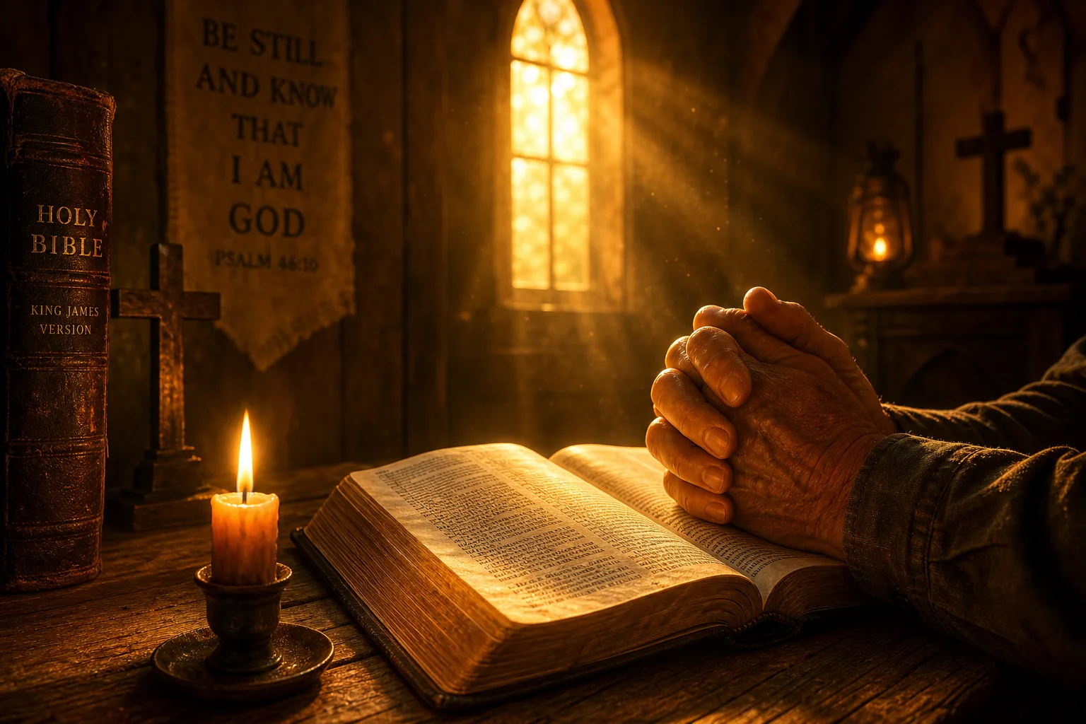 Weathered hands clasped in prayer over open Bible on rustic wooden altar bathed in warm golden candlelight inside a chapel