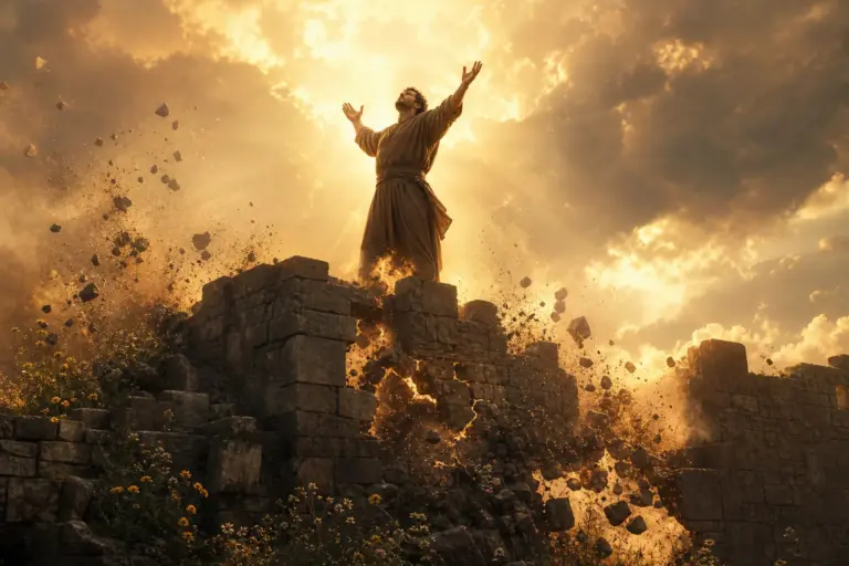 Man silhouetted atop crumbling fortress walls at golden hour, arms raised as ancient stones fall and sunlight breaks through dust and wildflowers belo