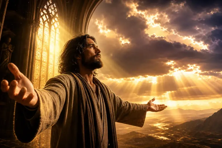 Person standing in cathedral light with palms raised, golden rays streaming through tall windows onto weathered hands and a peaceful face