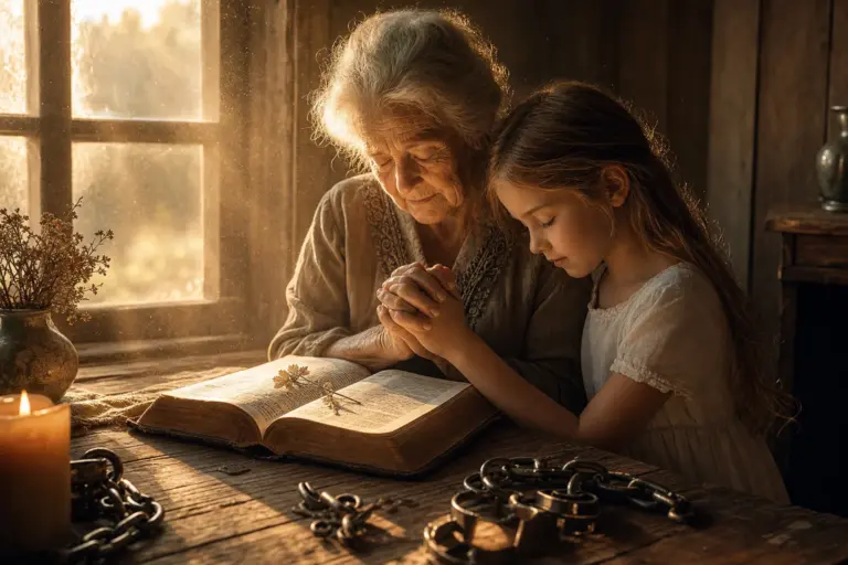Elderly grandmother and young granddaughter clasp hands in prayer over an open Bible on a sunlit table, broken chains nearby, golden light glowing war