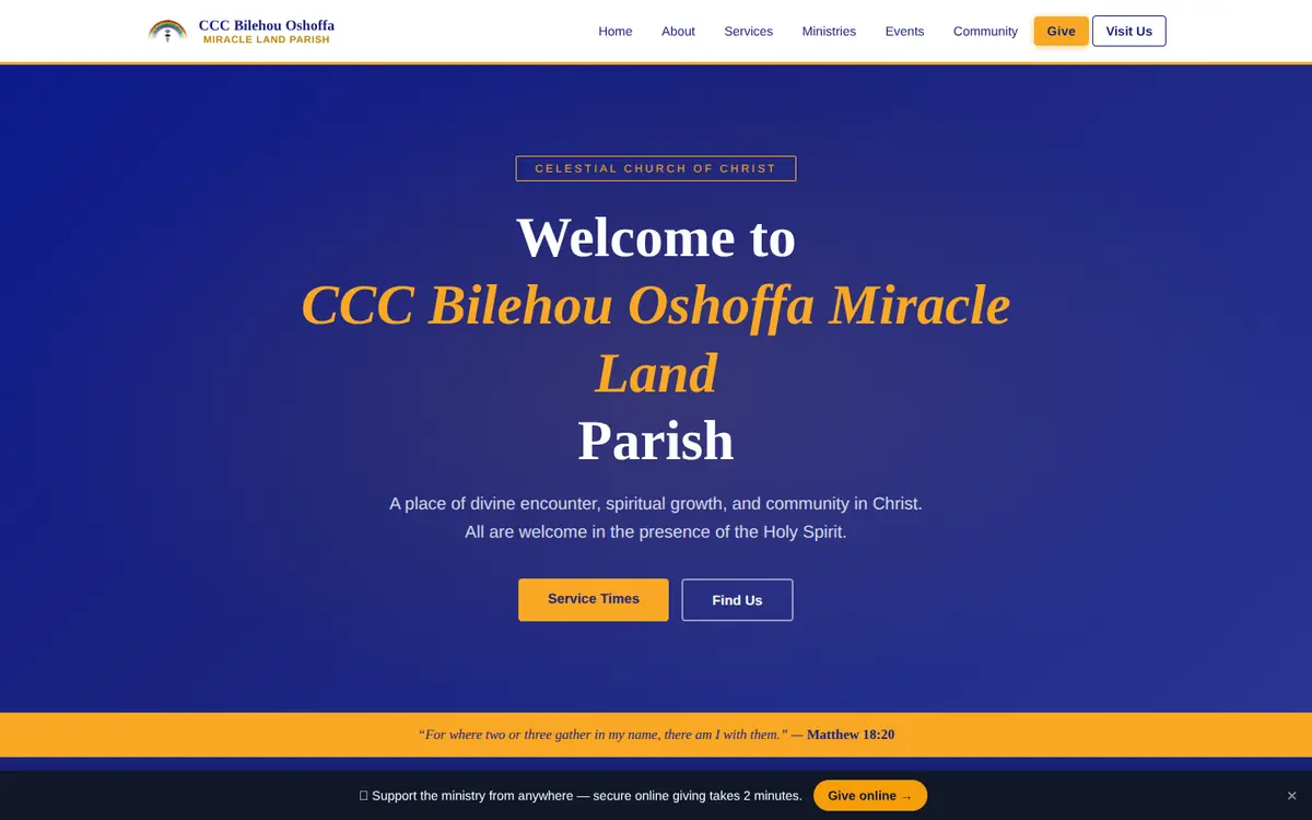Live CCC Bilehou Oshoffa Miracle Land Parish website