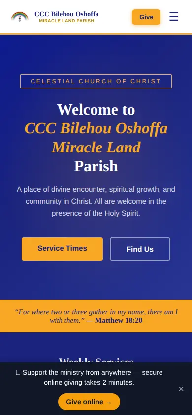 Mobile view of the live church website