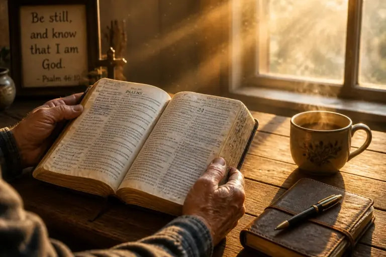 Weathered hands holding an open worn Bible on a wooden table in golden sunlight beside a tea mug and leather journal