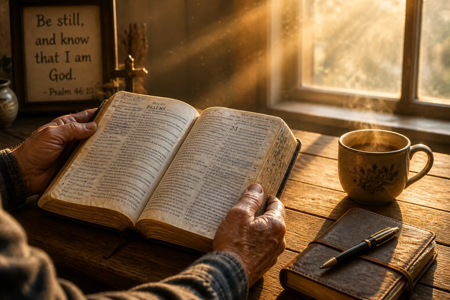 Weathered hands holding an open worn Bible on a wooden table in golden sunlight beside a tea mug and leather journal