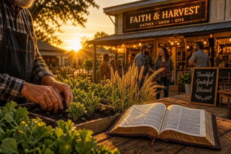 Elderly weathered hands tending lush garden beside open Bible on rustic table, warm golden sunset light, family business storefront in background