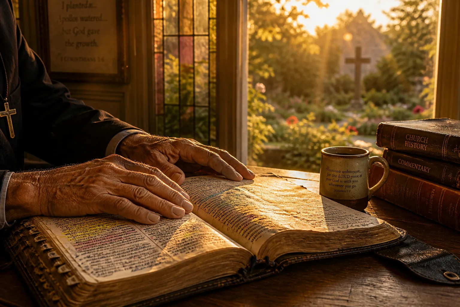 Weathered pastor's hands resting open on an aged Bible, bathed in golden stained glass light with handwritten scripture notes visible