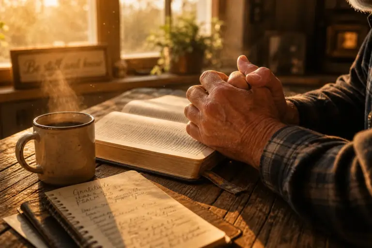Weathered hands folded in prayer over open Bible on rustic table with steaming coffee in warm golden morning light