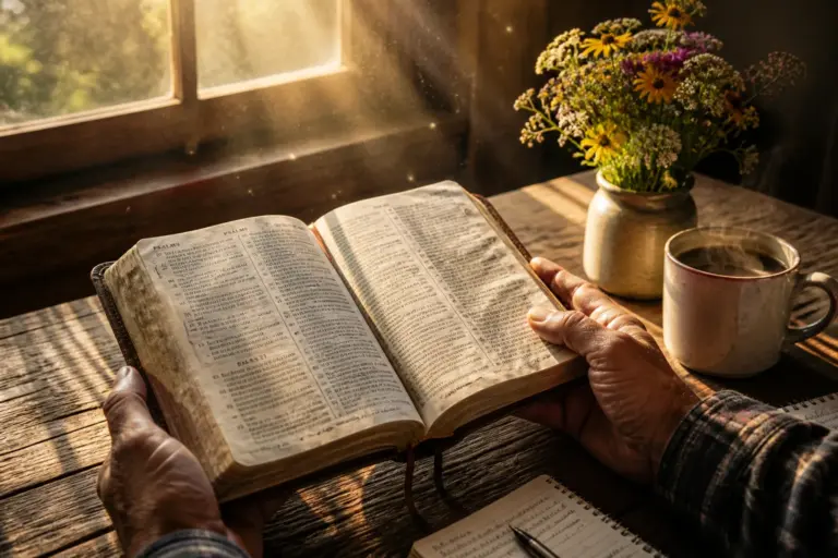 Weathered hands holding worn Bible on rustic wooden table in golden morning light with coffee and wildflowers nearby