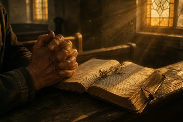 Weathered scarred hands clasped in prayer on worn wooden pew beside open Bible with dried wildflower, bathed in golden afternoon light