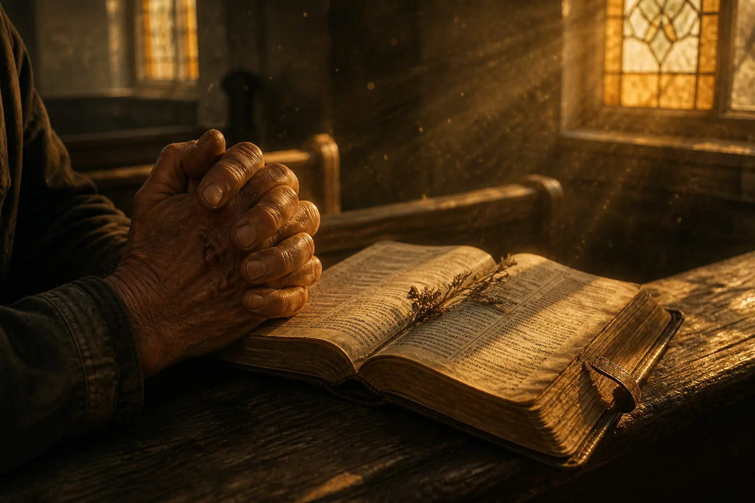 Weathered scarred hands clasped in prayer on worn wooden pew beside open Bible with dried wildflower, bathed in golden afternoon light