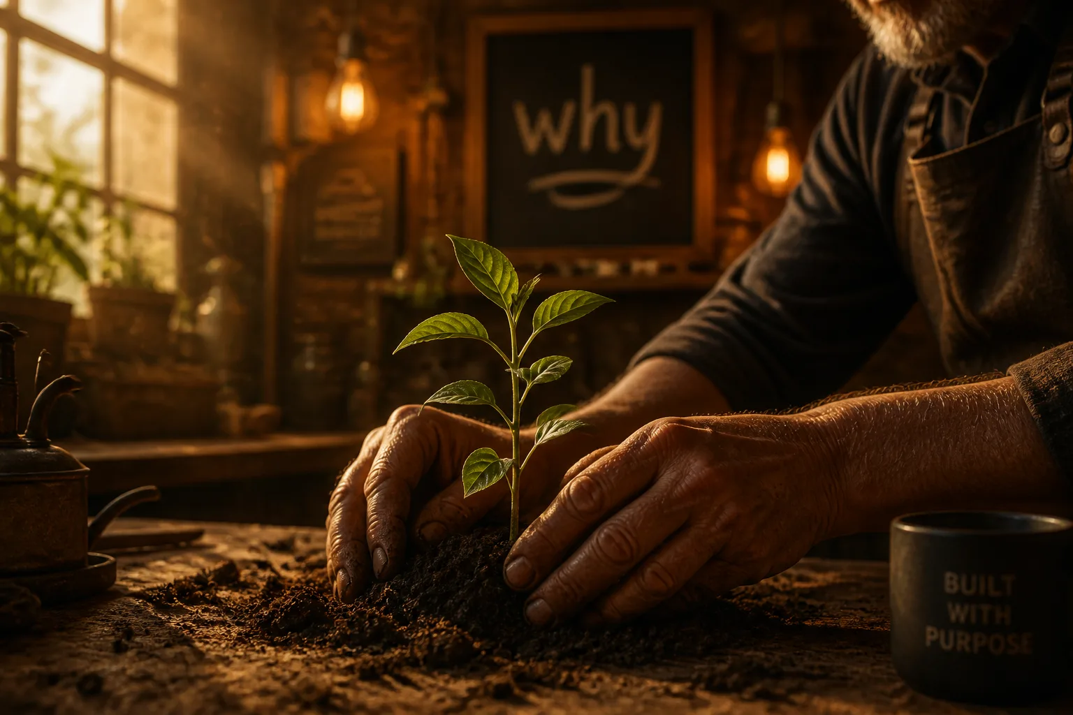Weathered hands nurturing a seedling in dark soil, bathed in golden hour light inside a warmly lit artisan workshop