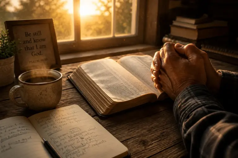Elderly weathered hands clasped in prayer over an open worn Bible on rustic wood table with coffee and journal in warm golden light