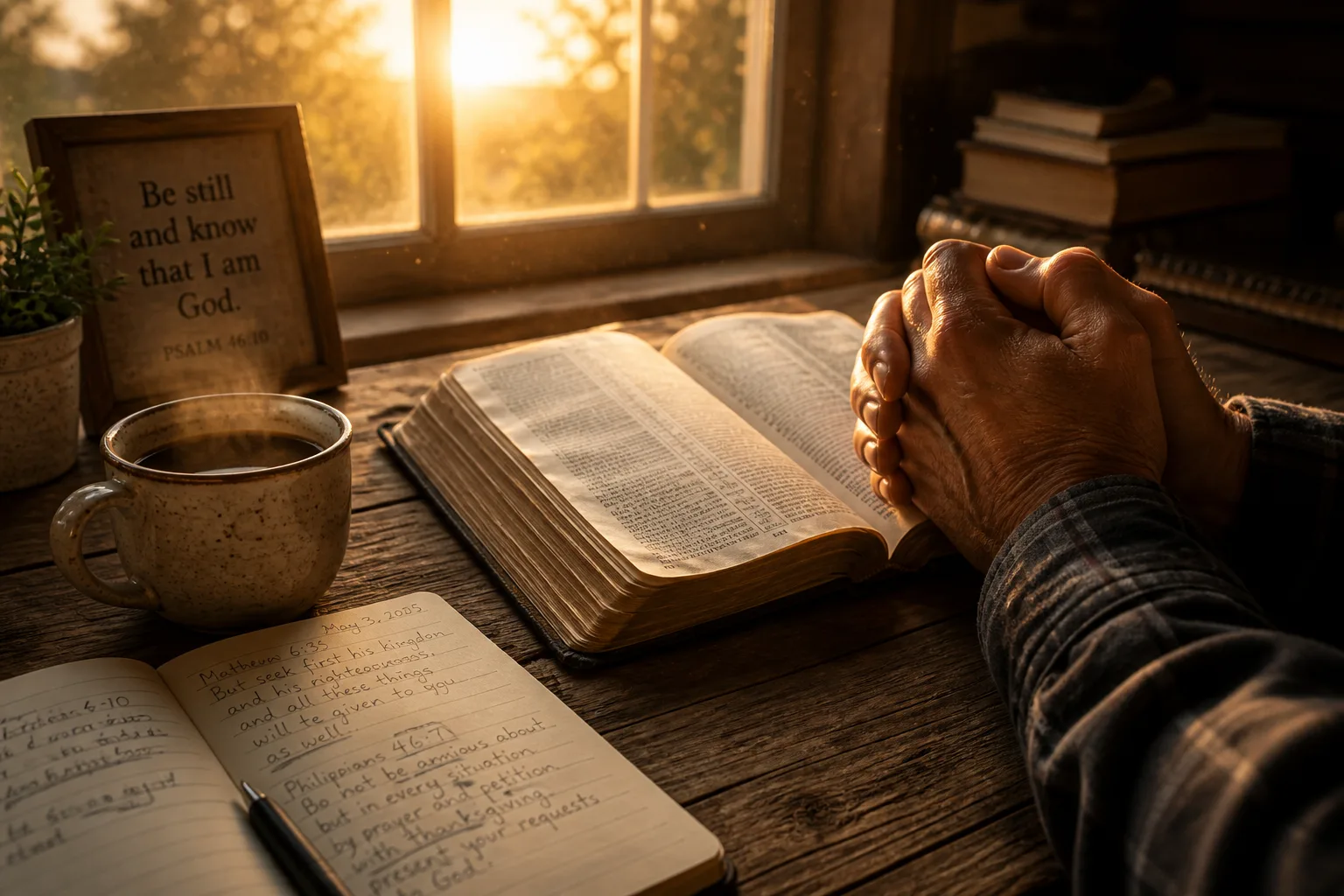 Elderly weathered hands clasped in prayer over an open worn Bible on rustic wood table with coffee and journal in warm golden light