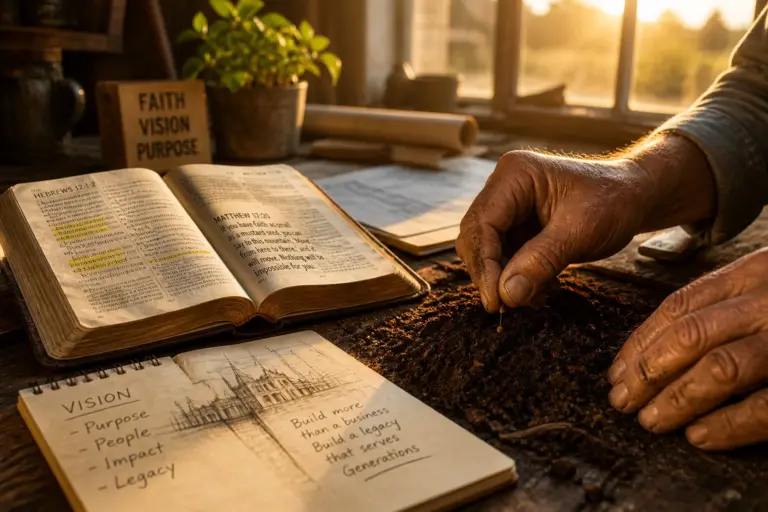 Weathered hands planting mustard seed in dark soil beside open Bible, golden hour light streaming through rustic workshop window