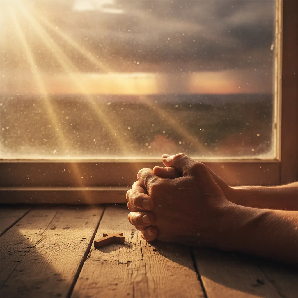 Elderly weathered hands folded in prayer in golden sunlight with wooden cross, dust motes, and storm clouds parting on horizon