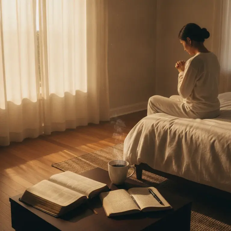 Soft morning sunlight fills a serene bedroom where a person prays beside an open Bible, coffee, and journal on a wooden nightstand