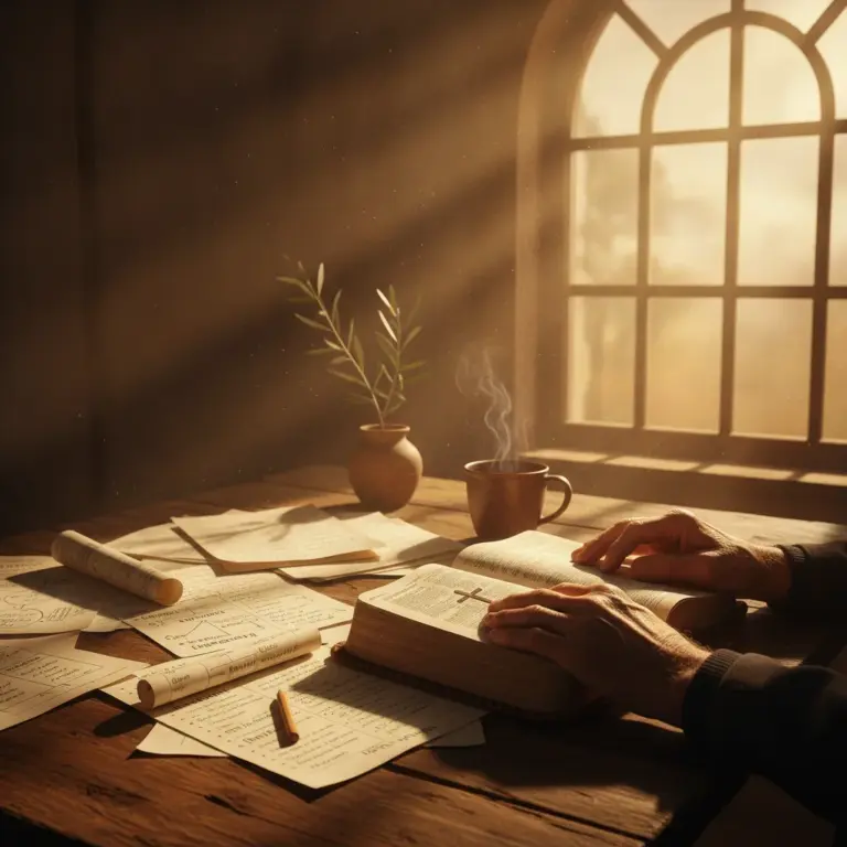 Weathered hands holding open Bible on wooden desk with journal pages, coffee, and olive plant in warm golden hour light