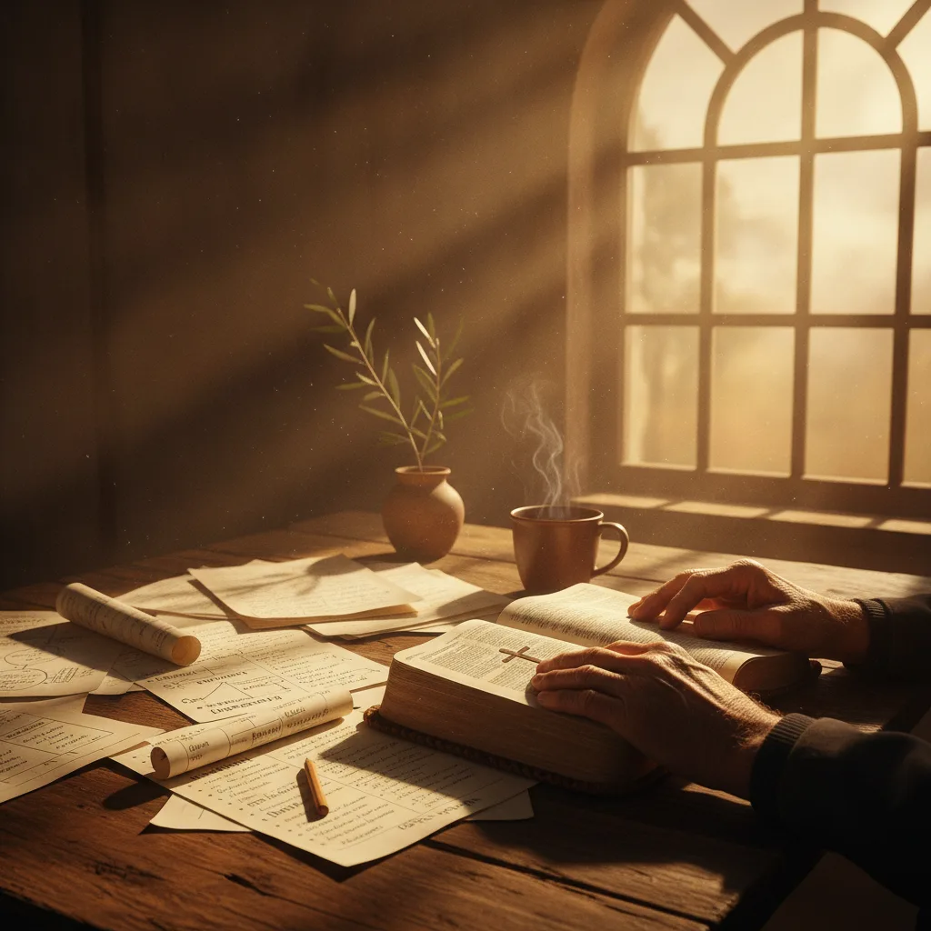 Weathered hands holding open Bible on wooden desk with journal pages, coffee, and olive plant in warm golden hour light