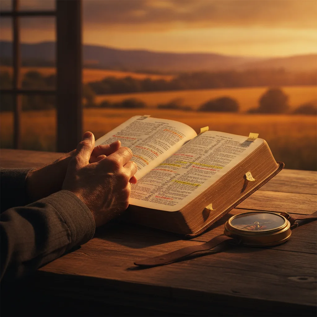 Weathered hands holding open leather Bible on wooden table, compass beside it, golden sunset light illuminating handwritten margin notes