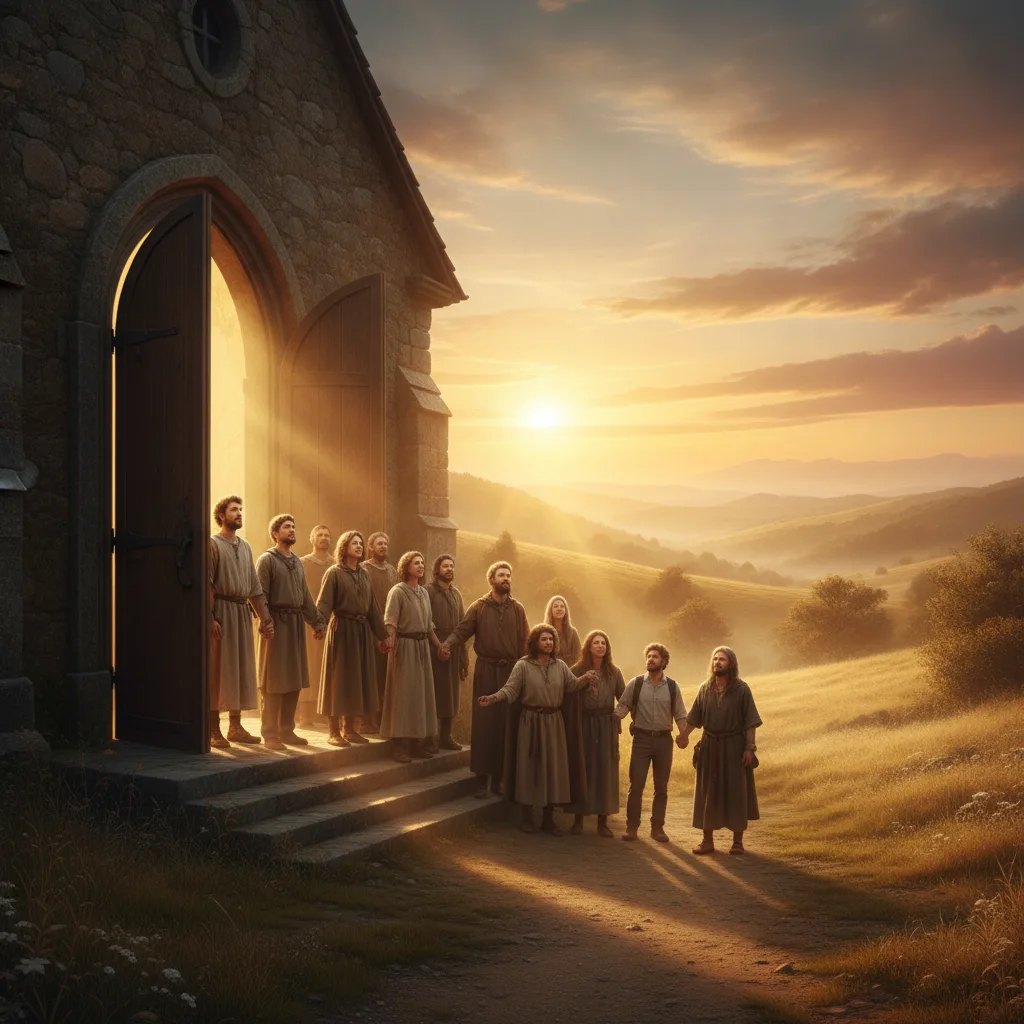 Diverse group of people standing united on weathered stone church steps bathed in golden hour light, faces lifted with joyful purpose toward glowing h