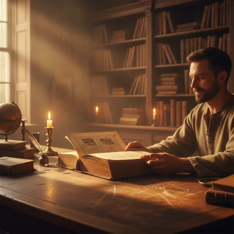 Elderly man reads ancient scripture to young student in candlelit study filled with books, golden light illuminating their mentor relationship